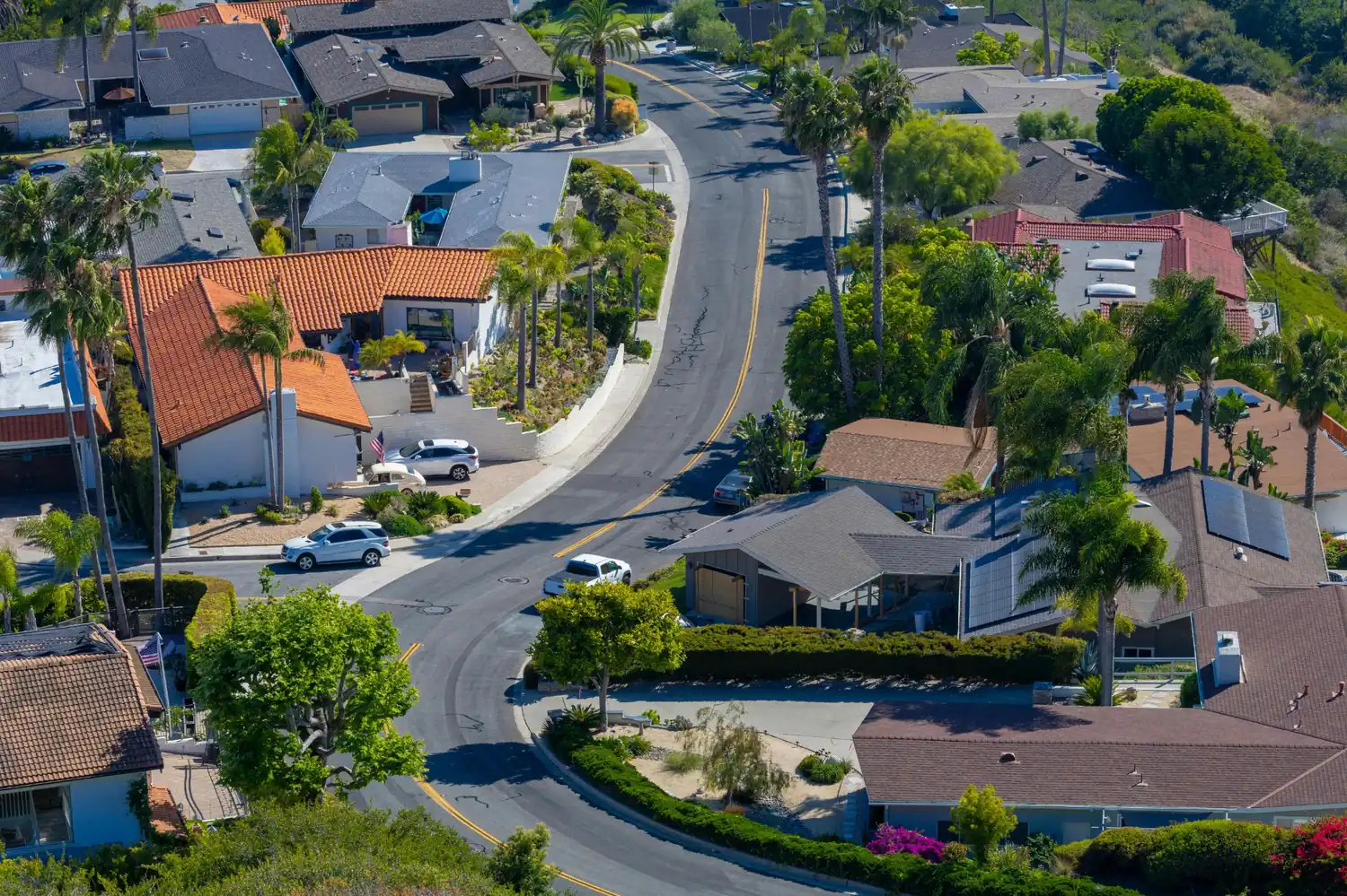 Aerial view of a curved residential street with single-family homes, palm trees, landscaped yards, and parked cars.